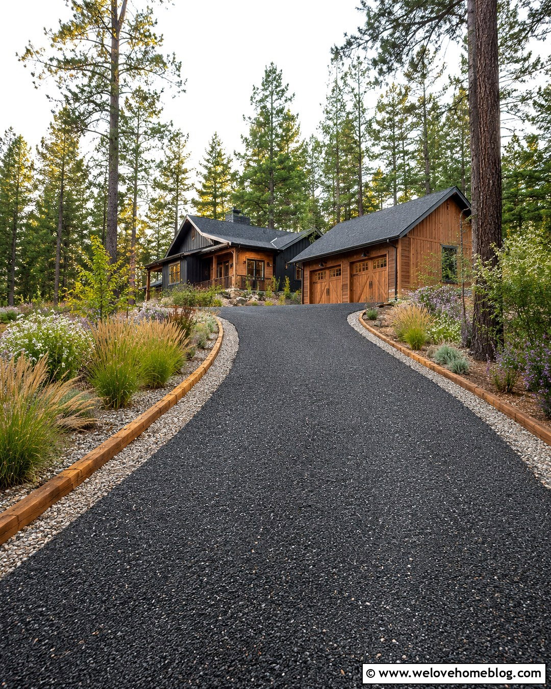 Black Exposed Aggregate Driveway With Timber Edging - 20 Black Exposed Aggregate Driveway Ideas