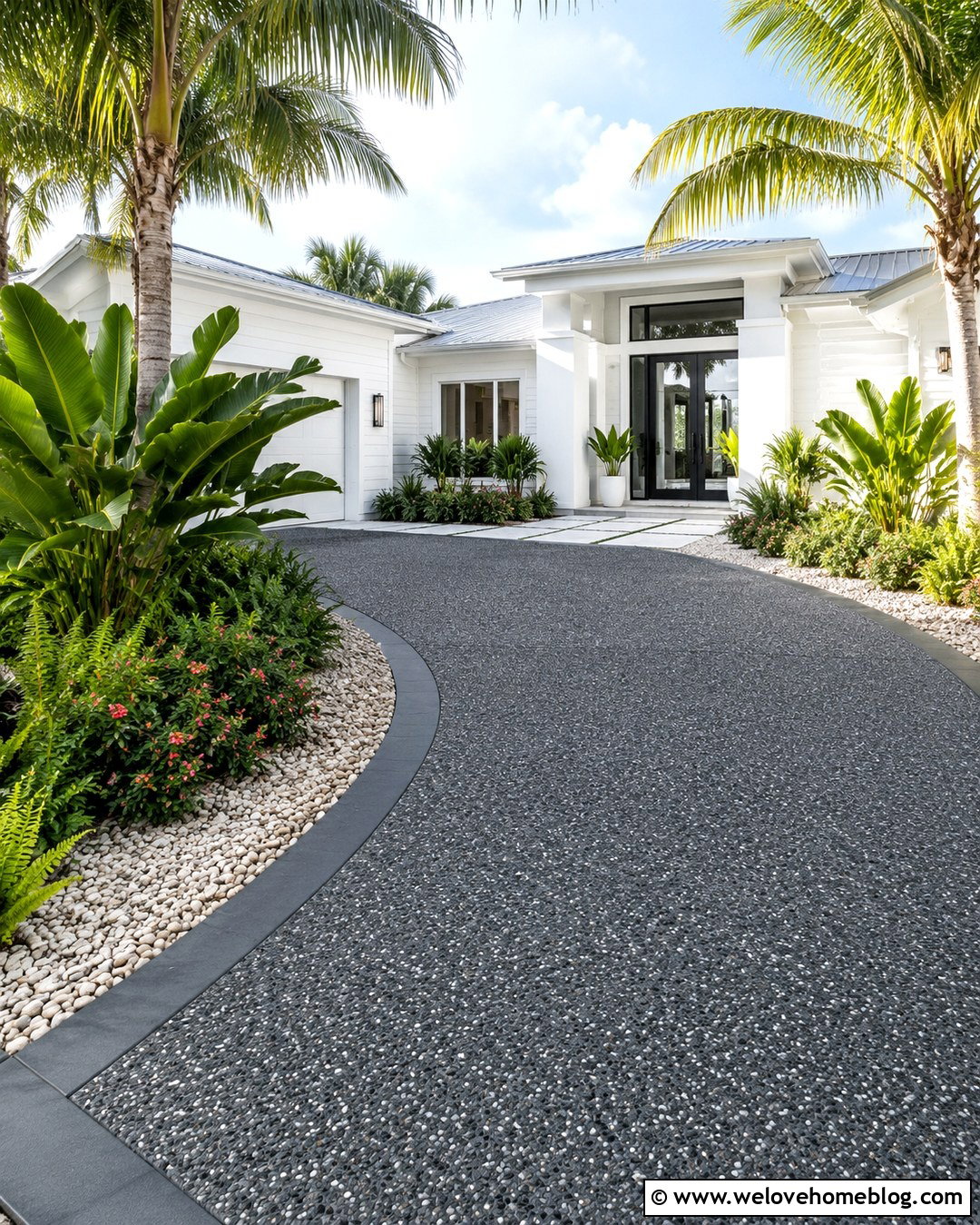 Black Exposed Aggregate Driveway With Tropical Landscaping - 20 Black Exposed Aggregate Driveway Ideas