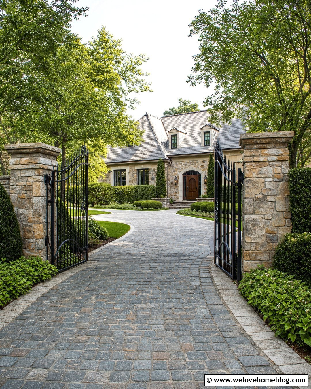 Black Gate With A Cobblestone Driveway - 25 Black Driveway Gate Ideas
