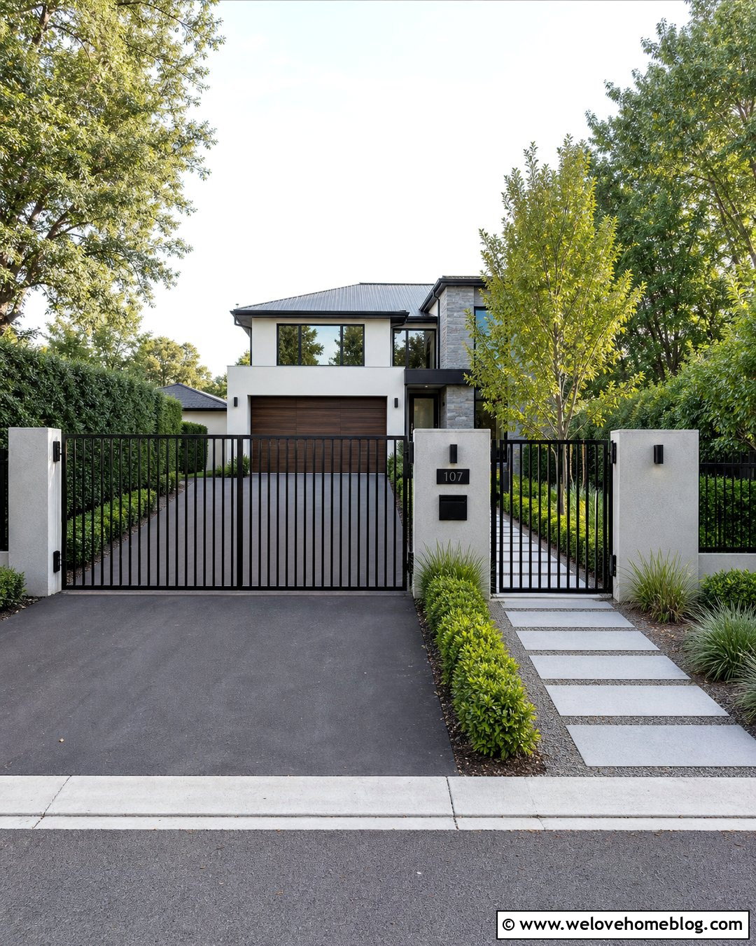 Black Gate With Matching Pedestrian Gate - 30 Modern Gated Driveway Entrance Ideas