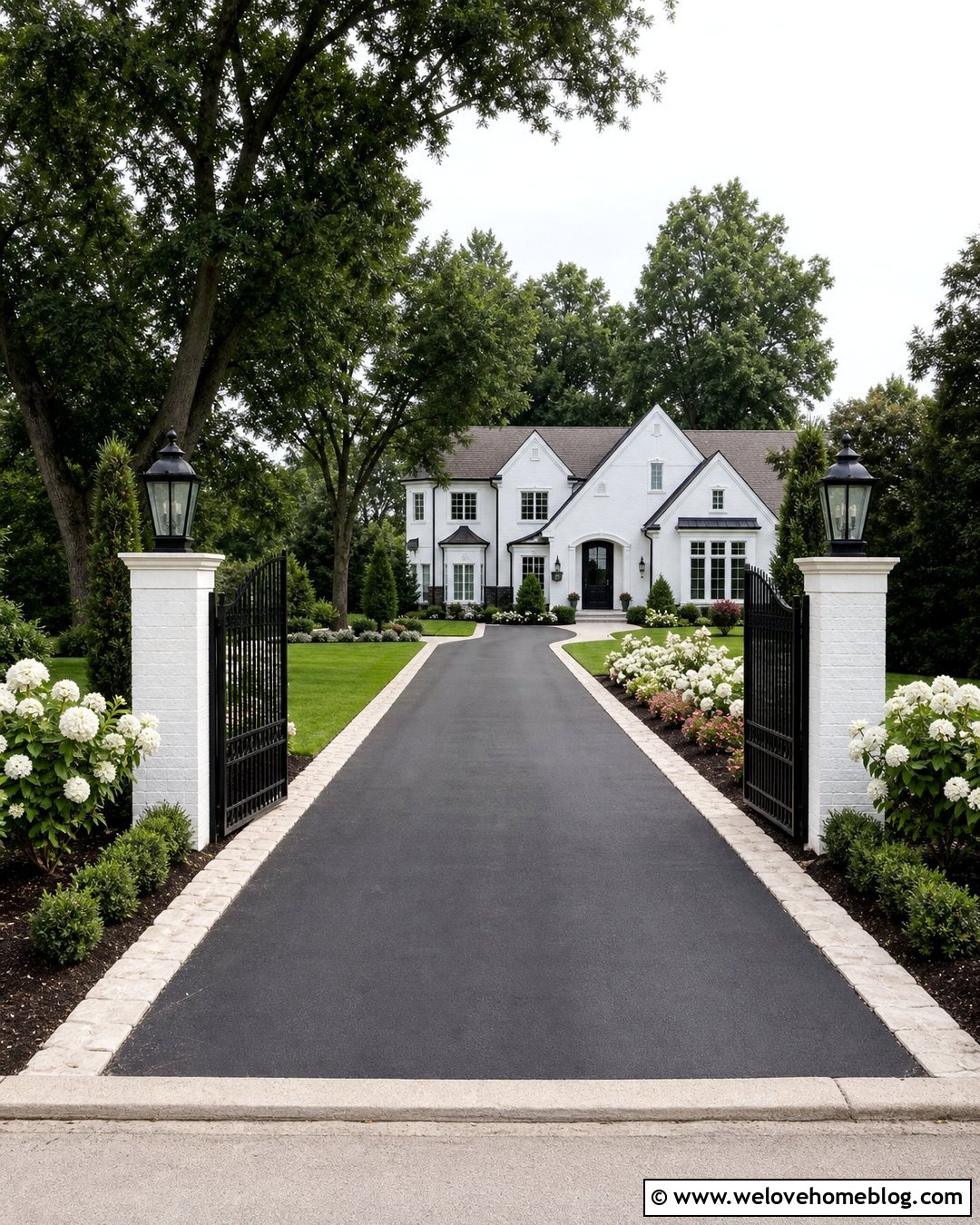 Black Gated Driveway Entrance With White Flower Borders - 25 gated driveway entrance landscaping ideas