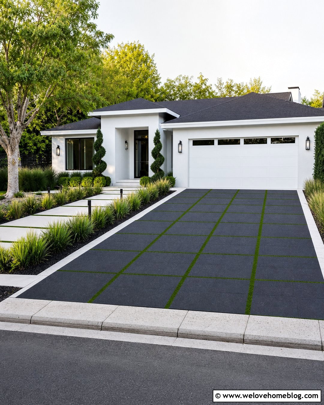Black Granite Paver Driveway With Grass Joints - 20 Granite Pavers Driveway Ideas
