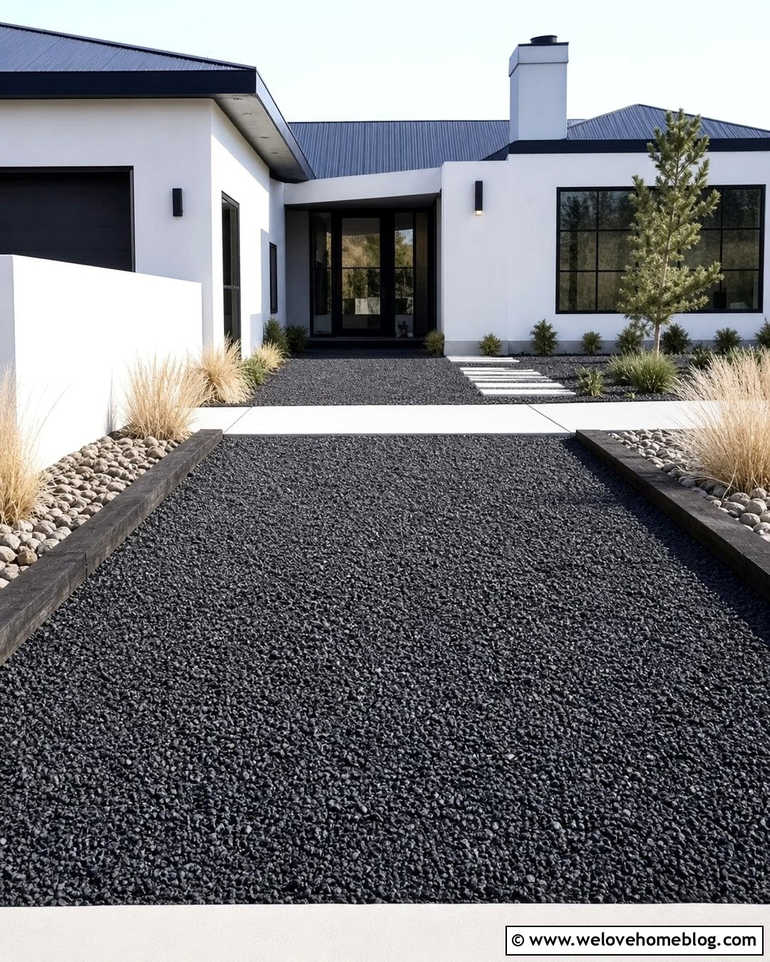 Black Gravel Driveway With Charred Timber Edging - 20 timber driveway edging ideas