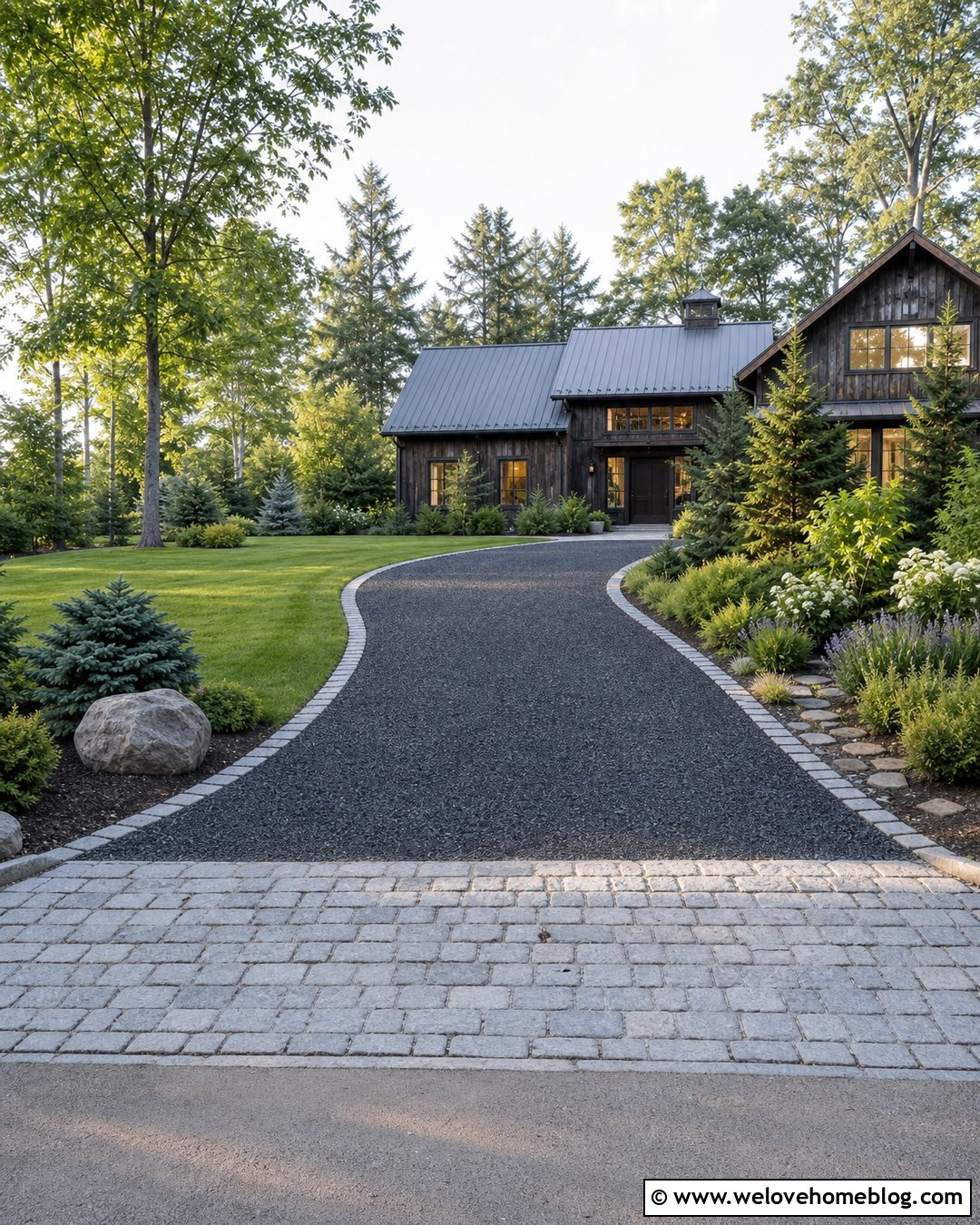 Black Gravel Driveway With Cobblestone Border - 30 Black Driveway Ideas
