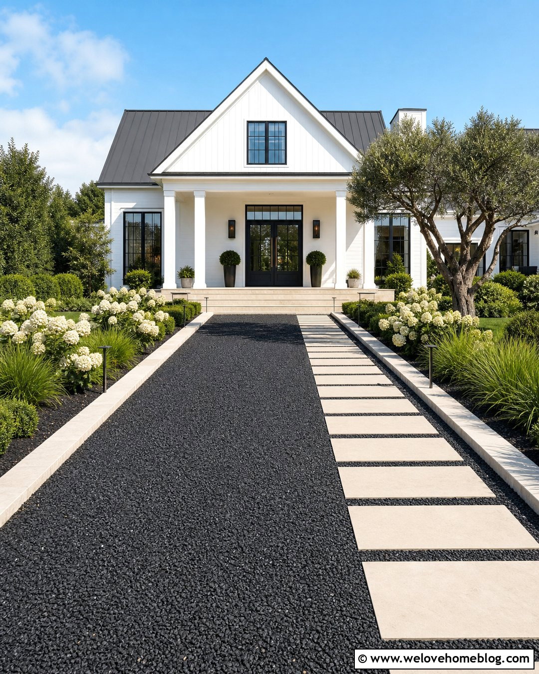 Black Gravel Driveway With Light Stone Path - 20 Gravel Driveway With Path Ideas