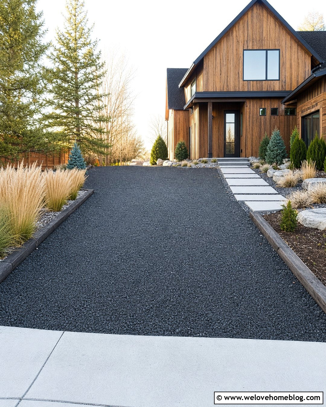 Black Gravel Driveway With Natural Railroad Ties - 20 Gravel Driveway Edging Railroad Ties Ideas