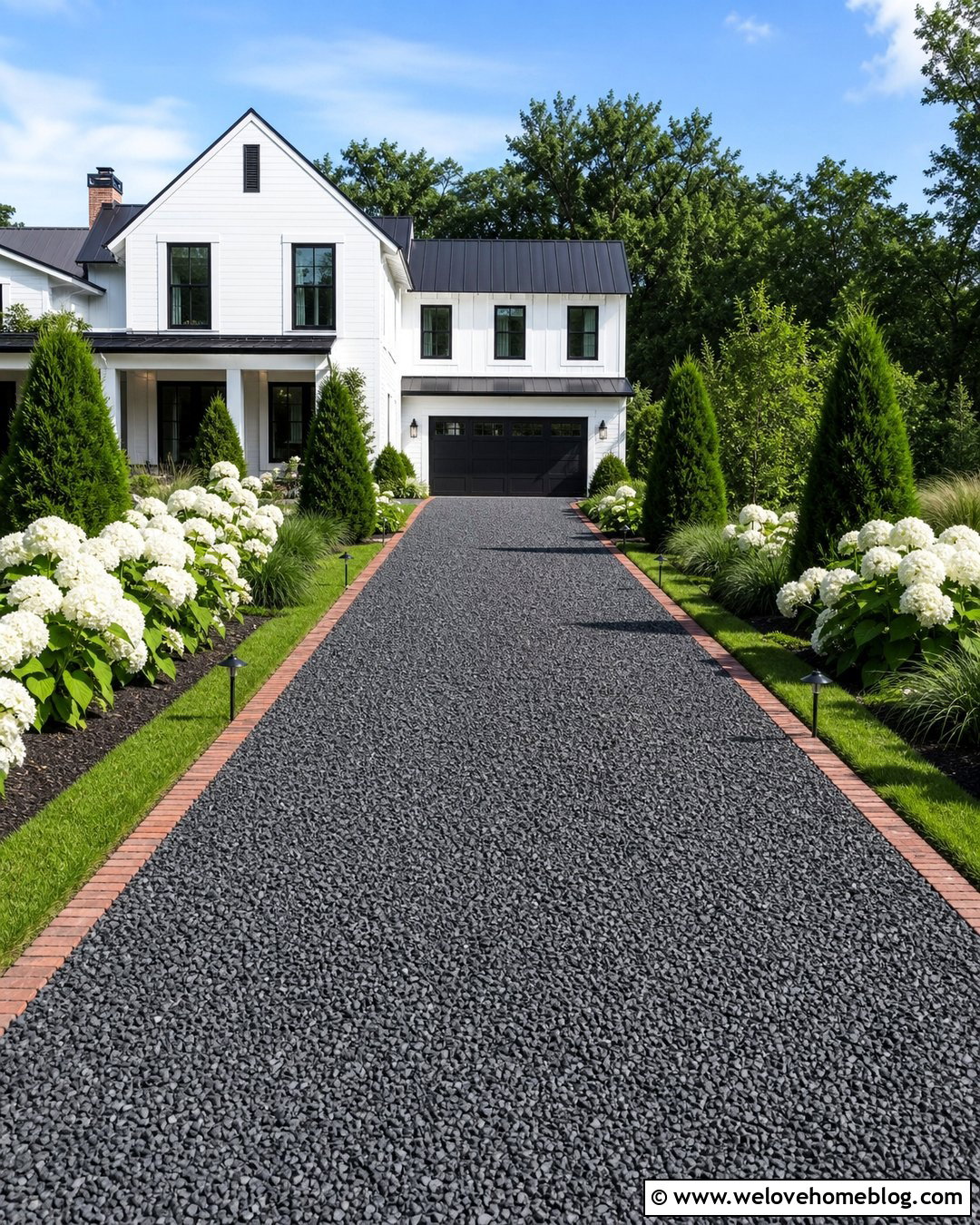 Black Gravel Driveway With Red Brick Edging - 20 Brick Lined Gravel Driveway Ideas