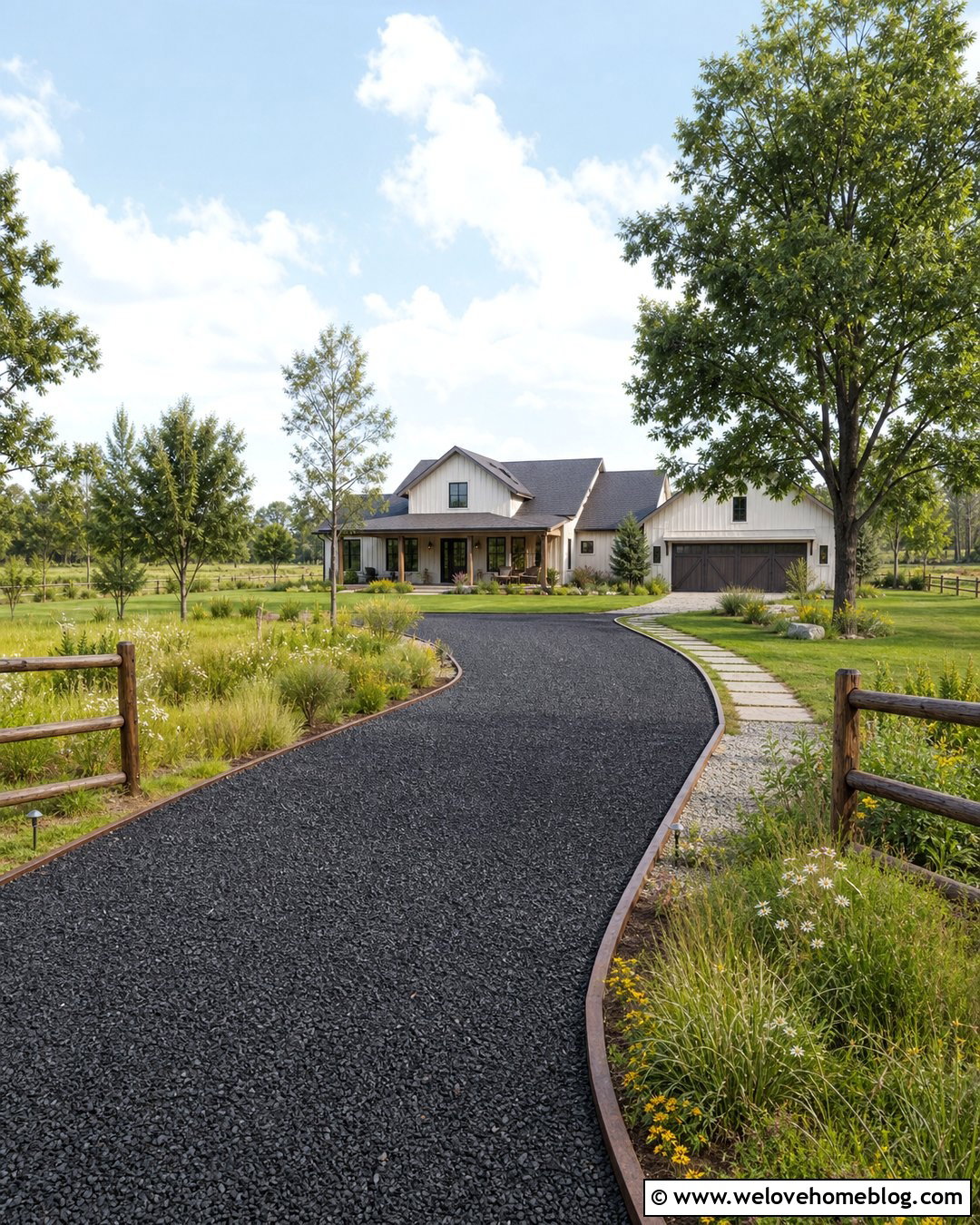Black Gravel Driveway With Timber Edging - 30 Black Driveway Ideas