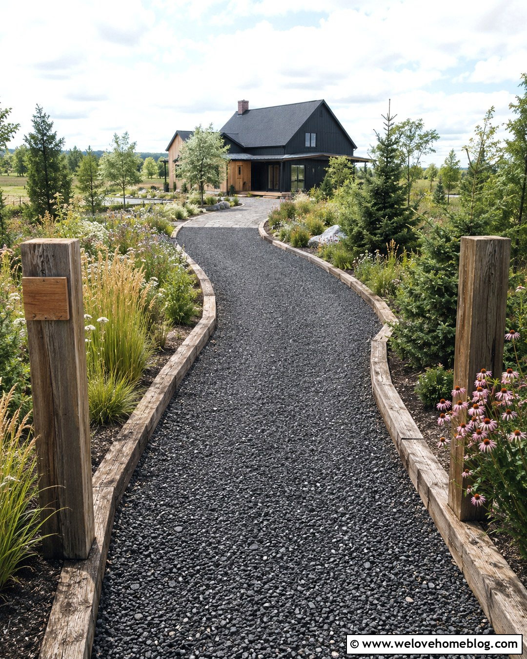 Black Gravel Driveway With Timber Edging - 20 dark driveway ideas
