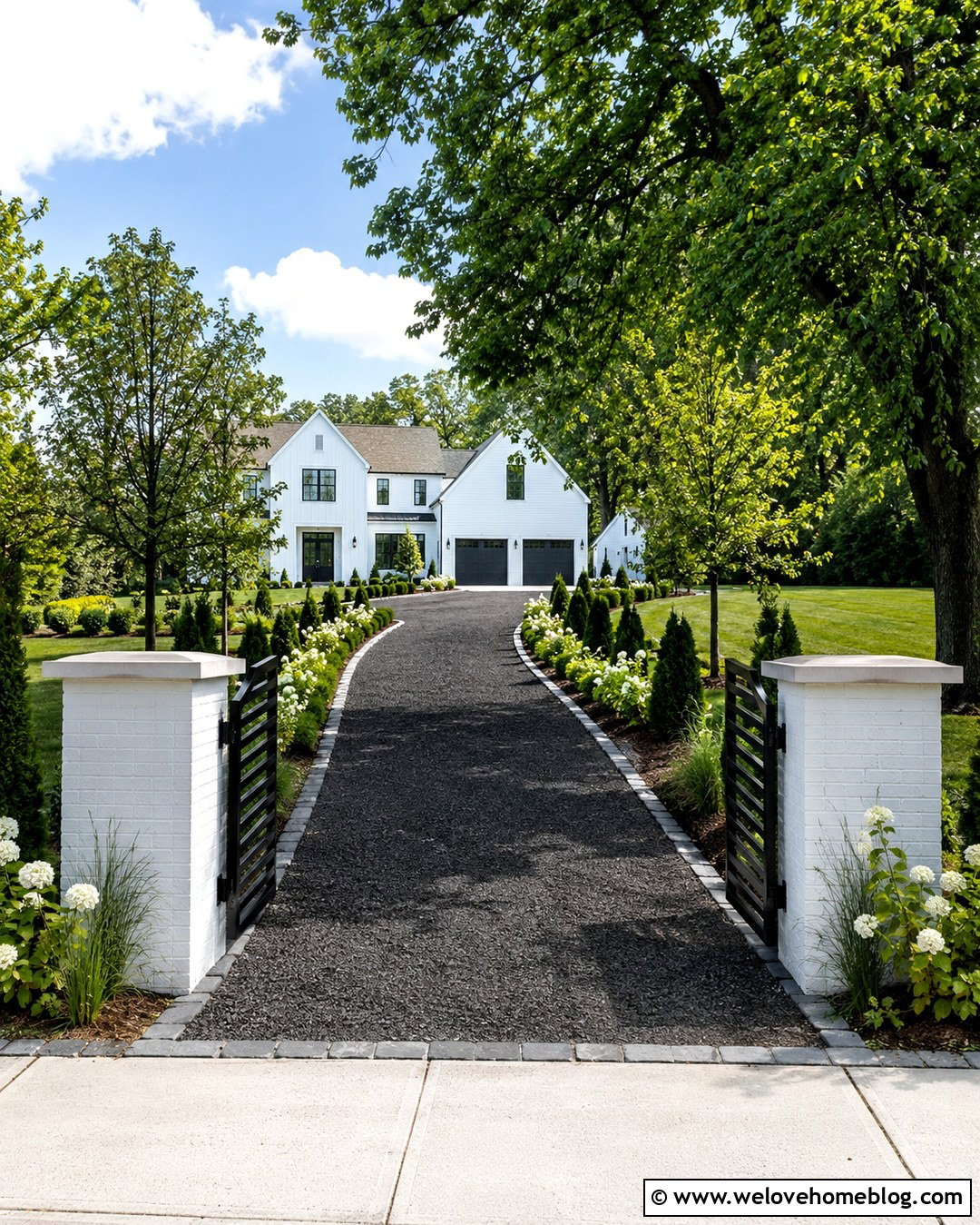 Black Gravel Long Winding Driveway With White House - 20 Long Winding Driveway Ideas