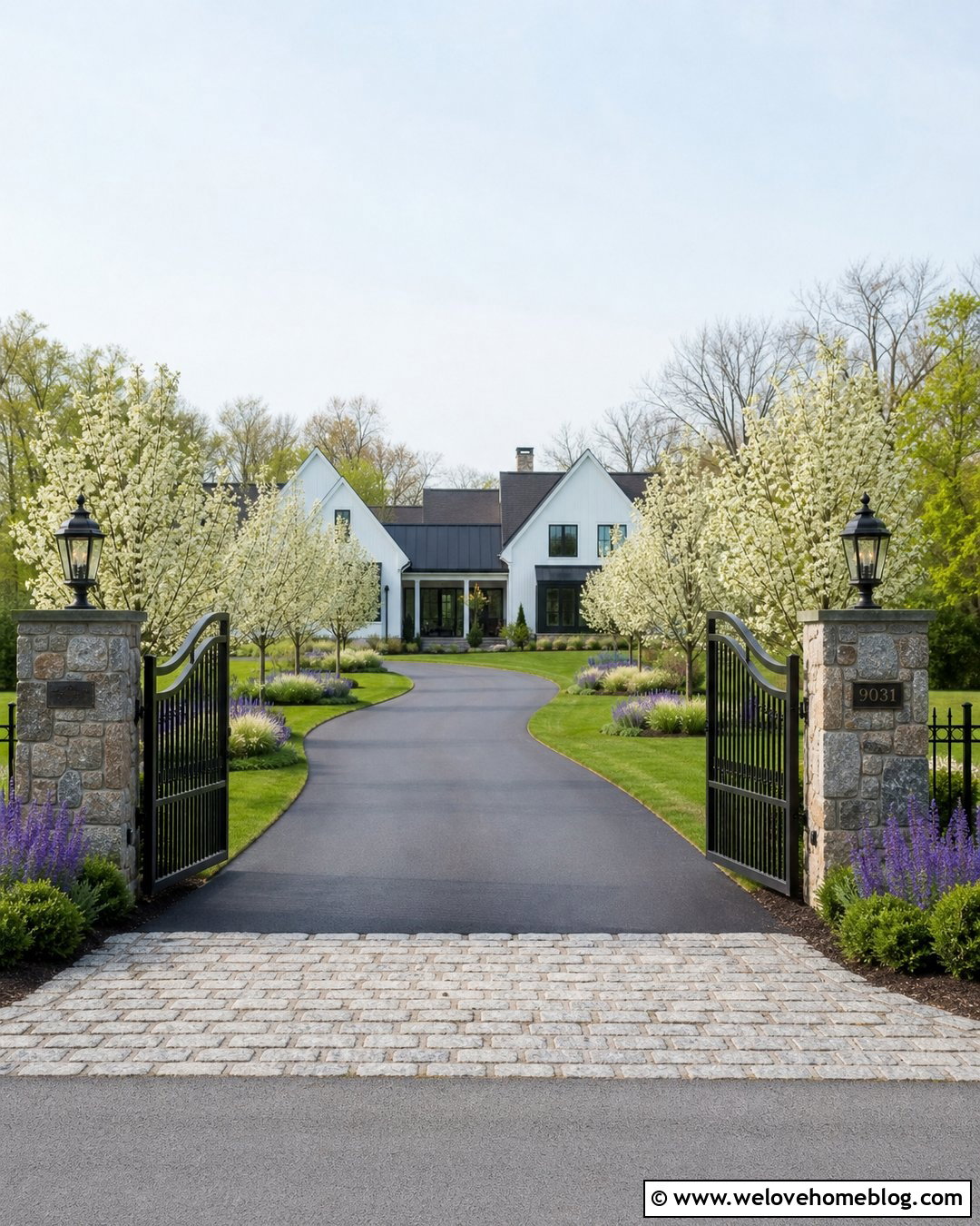 Black Metal Country Gate With Curved Asphalt Driveway - 20 Country Gates Driveway Ideas