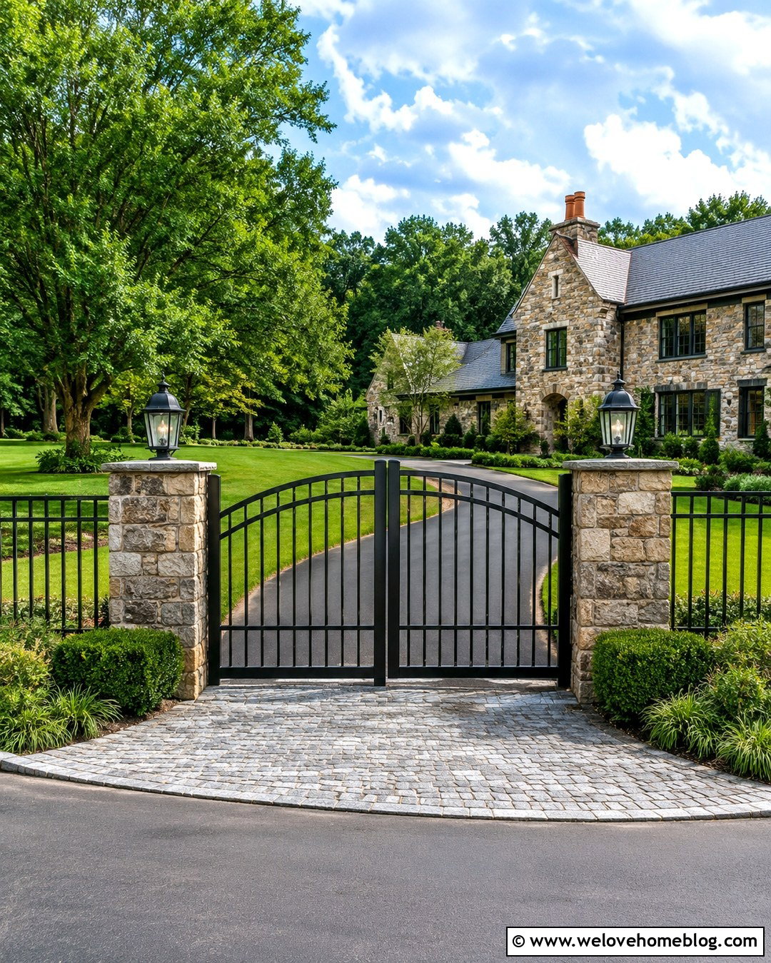 Black Metal Gated Driveway Entrance With Stone Pillars - 20 Private Gated Driveway Entrance Ideas