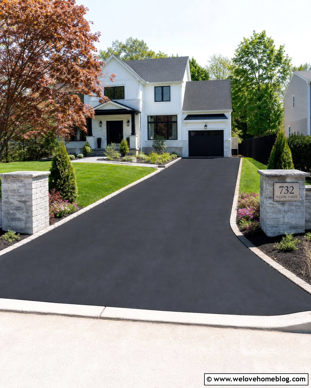 Black Painted Driveway With Address Marker - 20 Black Painted Driveway Ideas