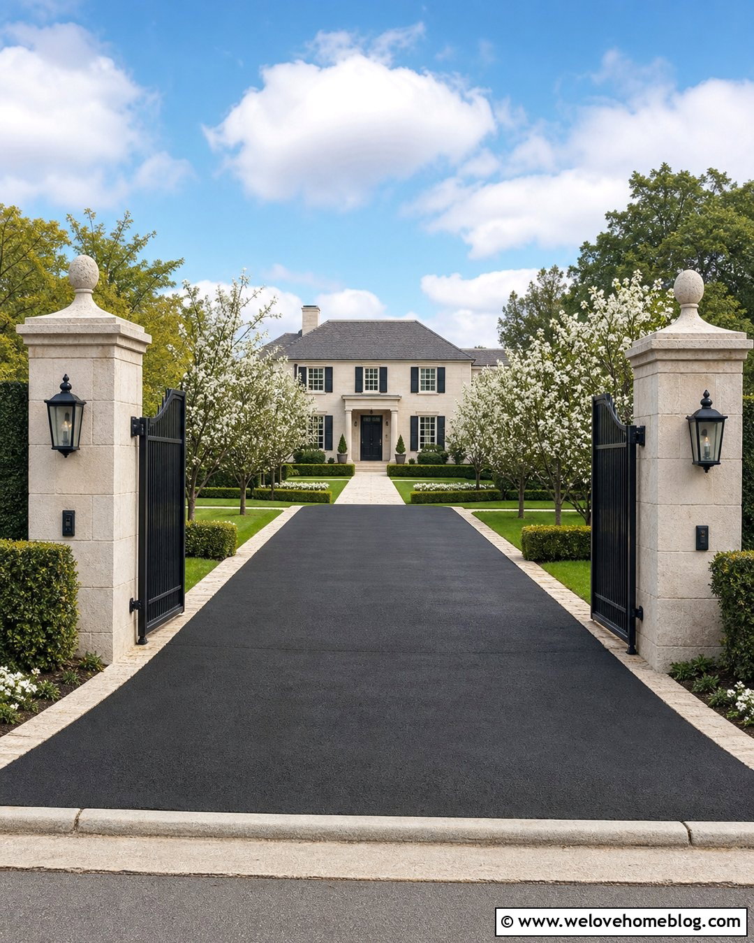 Black Painted Driveway With Gate And Pillars - 20 Black Painted Driveway Ideas