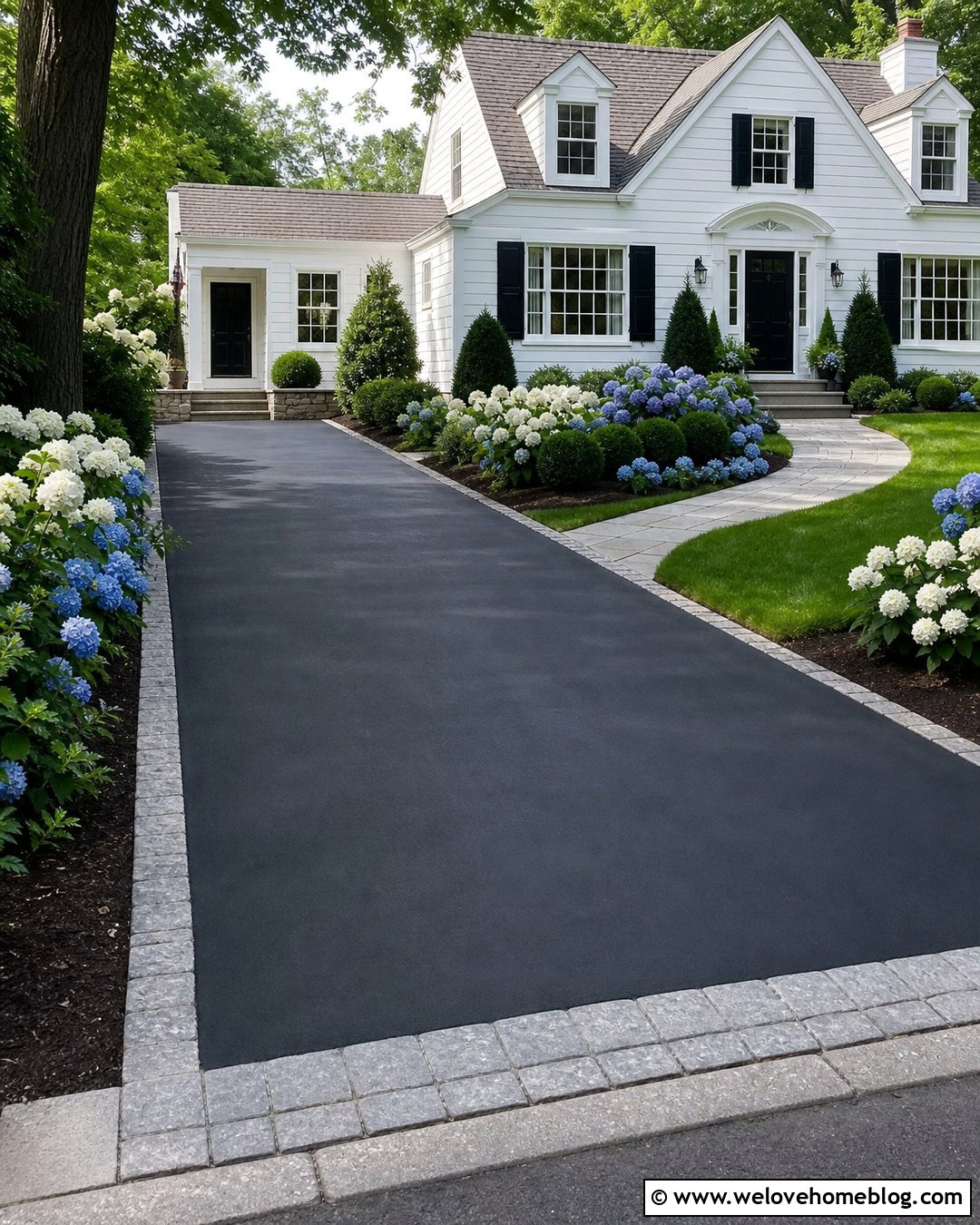 Black Painted Driveway With Hydrangea Borders - 20 Black Painted Driveway Ideas