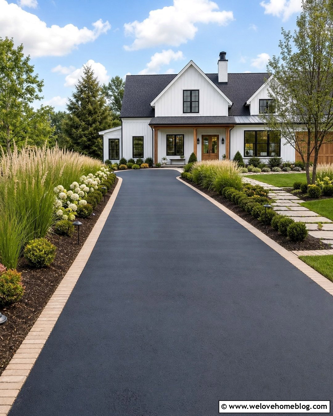 Black Painted Driveway With Ornamental Grasses - 20 Black Painted Driveway Ideas