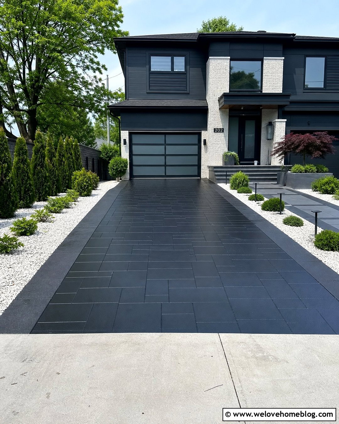 Black Painted Driveway With Stenciled Paver Pattern - 20 Black Painted Driveway Ideas