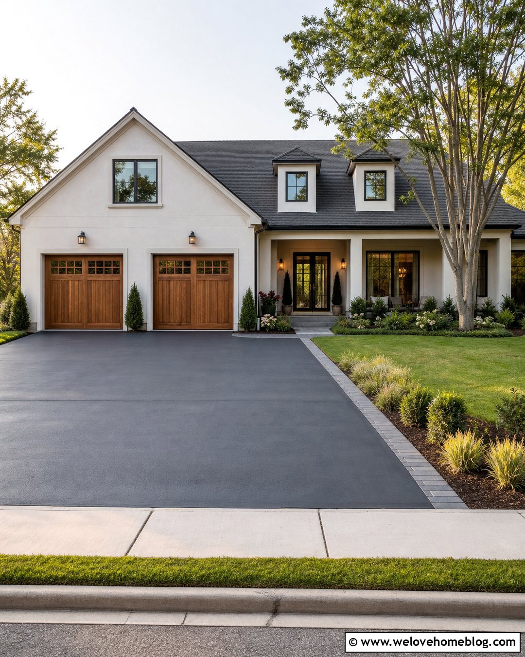 Black Painted Driveway With Wood Garage Doors - 20 Black Painted Driveway Ideas