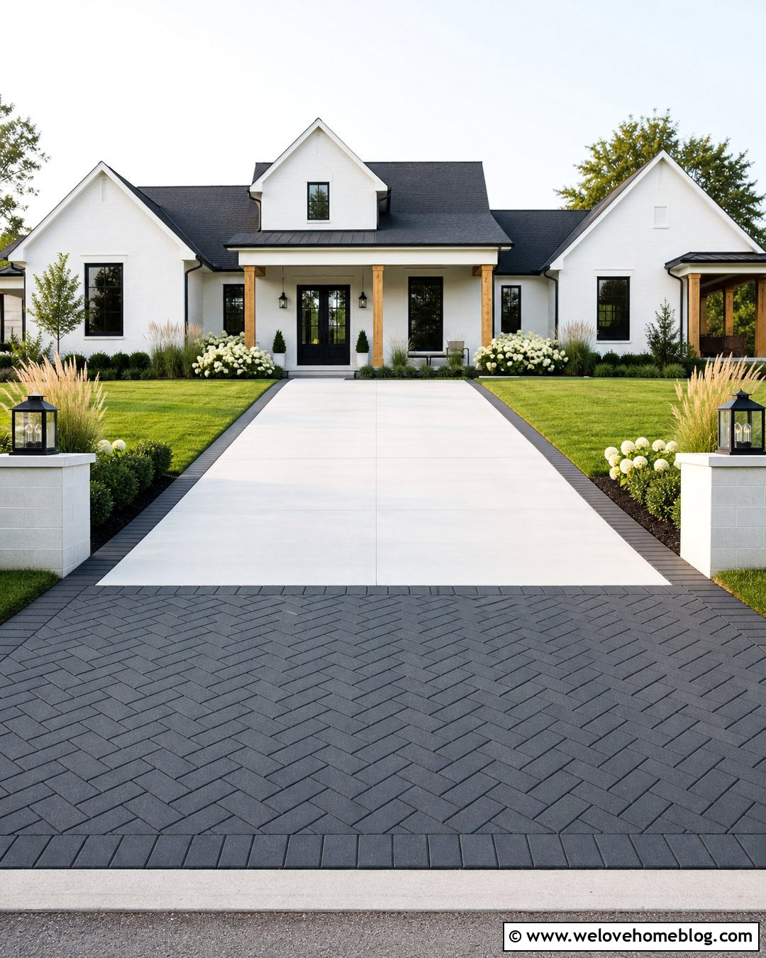 Black Paver Apron With Modern Farmhouse - 20 Paver Apron Driveway Ideas