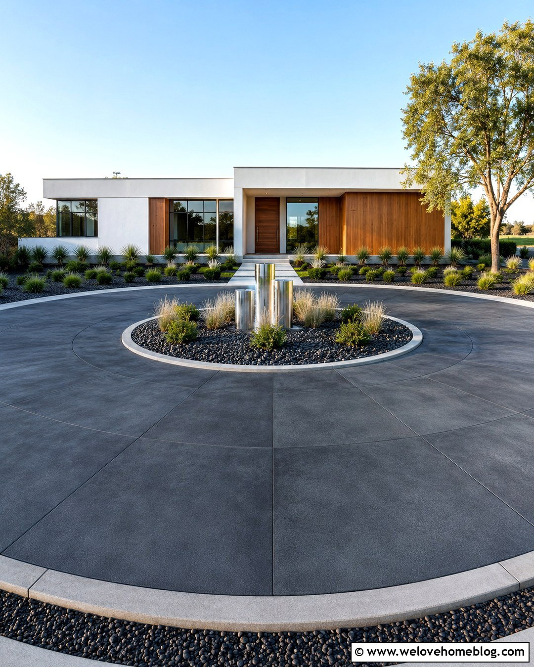 Black Paver Circle Driveway With Stainless Steel Fountain - 20 circle driveway with fountain ideas