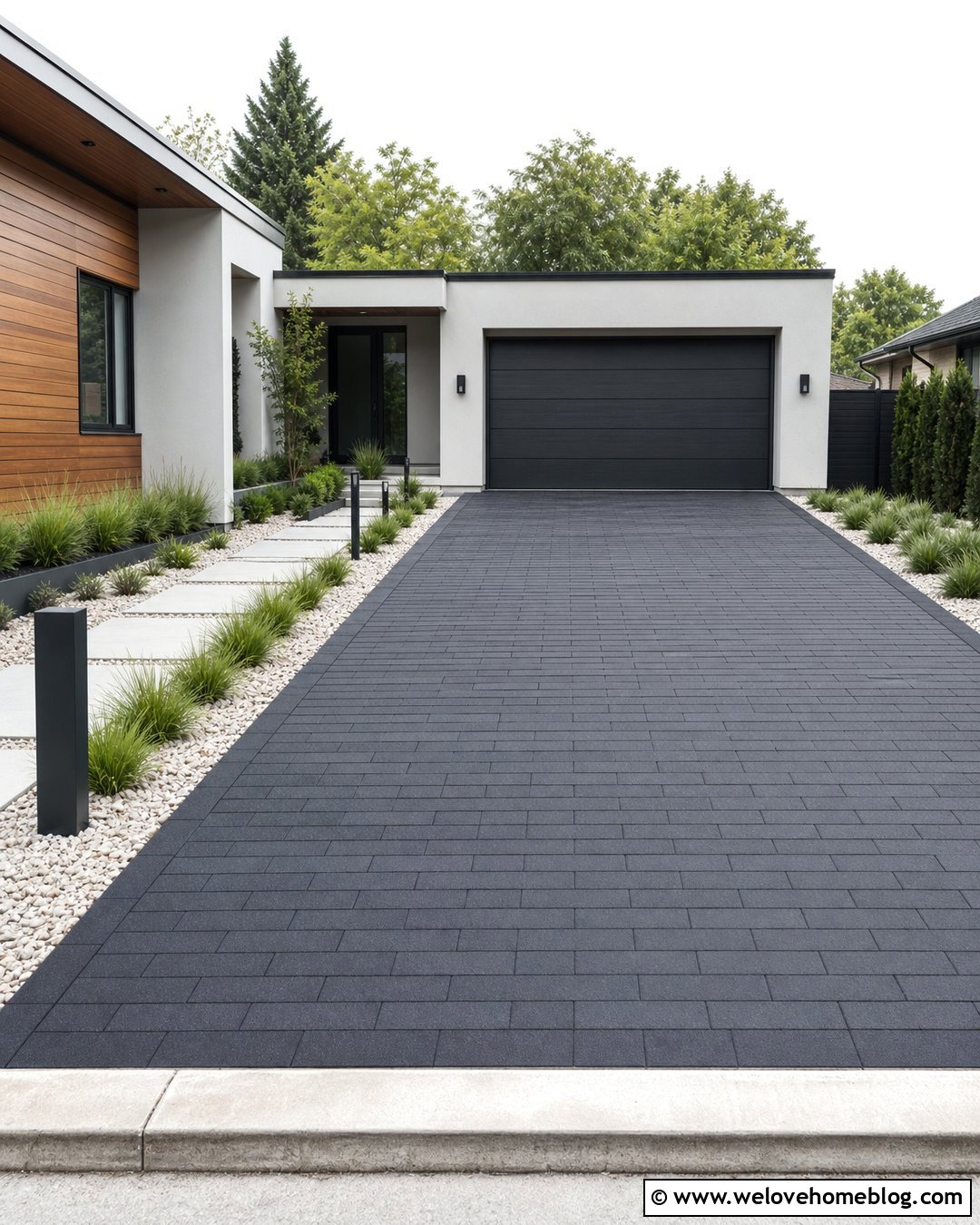 Black Paver Driveway With Modern House - 20 Driveways With Pavers Ideas