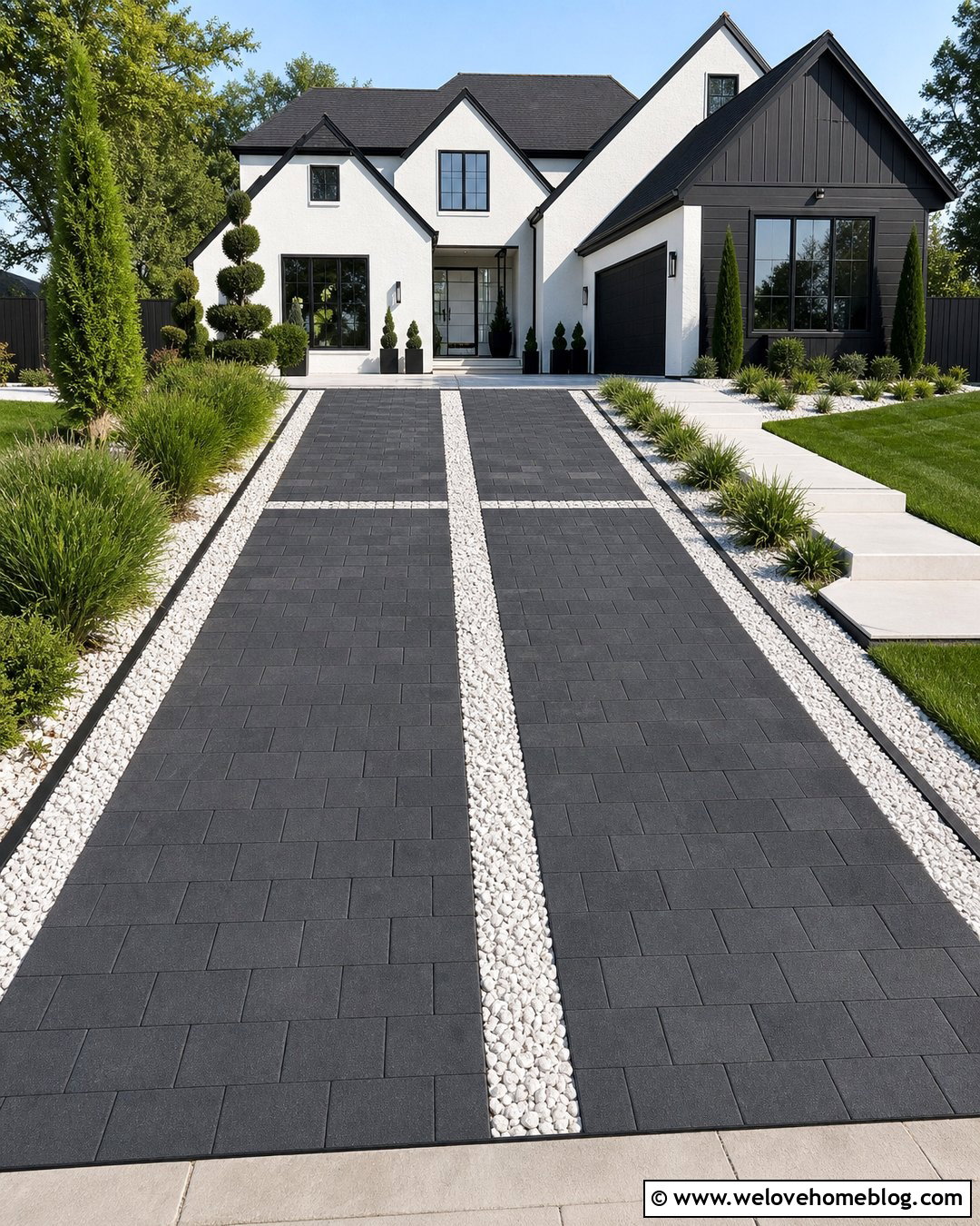 Black Paver Driveway With White Gravel Strips - 20 Driveway Strip Ideas