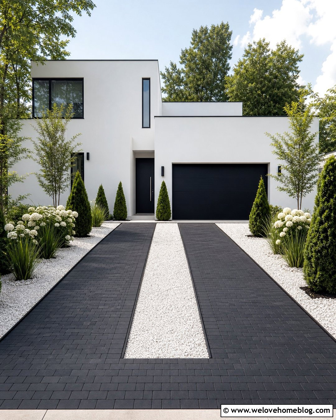 Black Paver Two Strip Driveway With White Gravel Center - 20 Two Strip Driveway Ideas