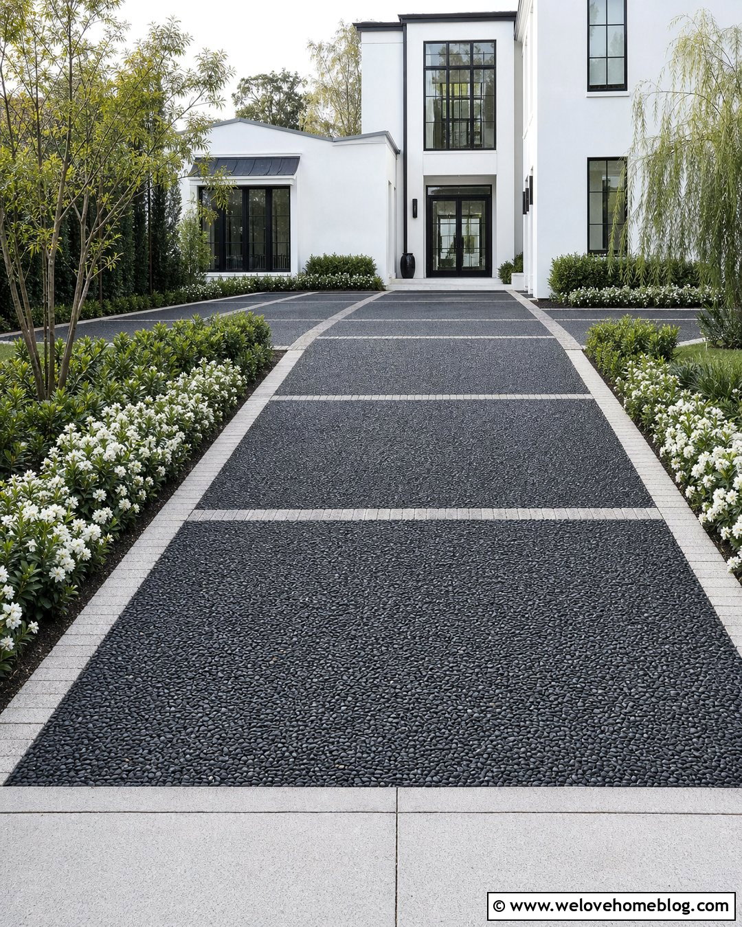 Black Pebble Driveway With Light Border - 35 Pebble Driveway Ideas