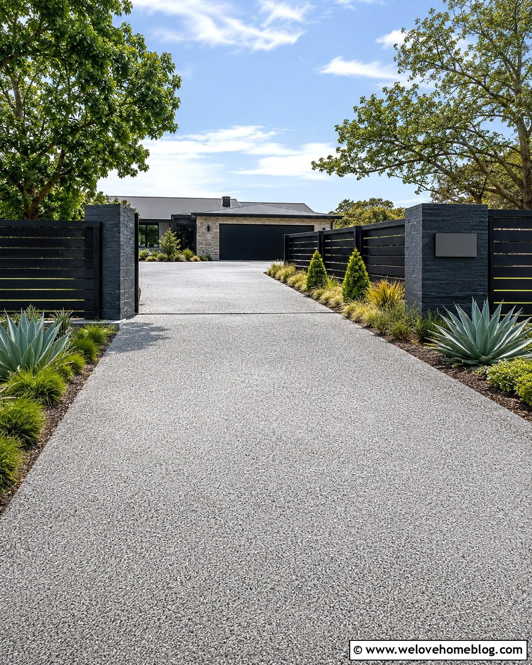 Black Sliding Gate With Exposed Aggregate Driveway - 20 Gated Entry Driveway Ideas