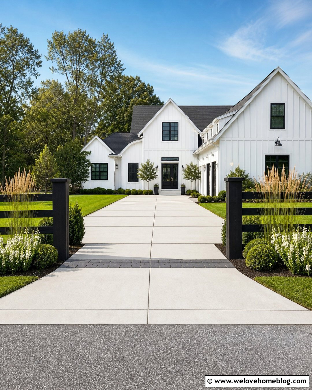 Black Split Rail Driveway Entrance With Concrete - 20 Split Rail Driveway Entrance Ideas