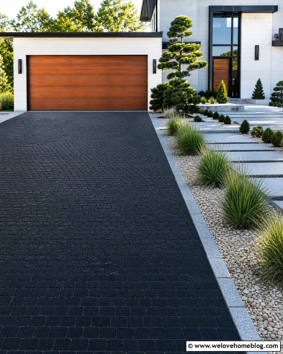 Black Square Cobblestone Driveway With Minimal Landscaping
