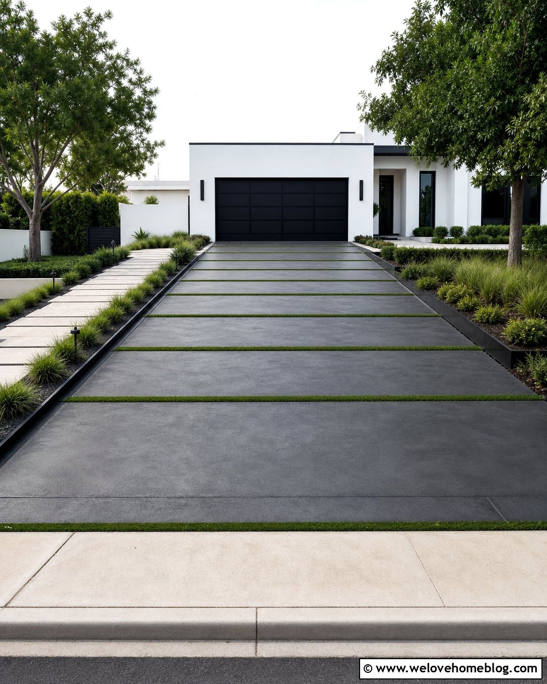 Black Stained Concrete Driveway With Grass Strips - 20 Staining Concrete Driveway Ideas