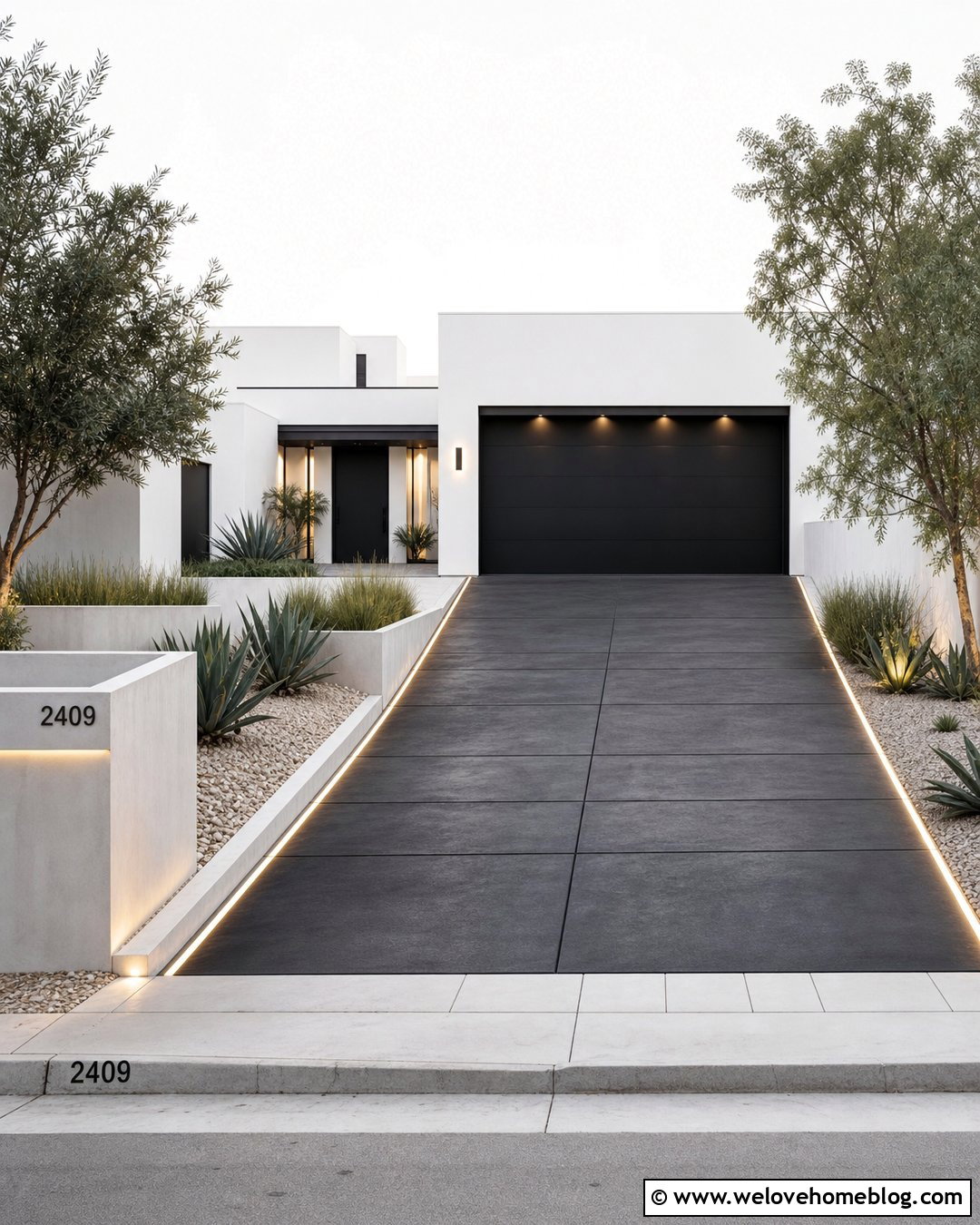 Black Stained Concrete Driveway With Linear Lights - 20 Concrete Driveway Lighting Ideas