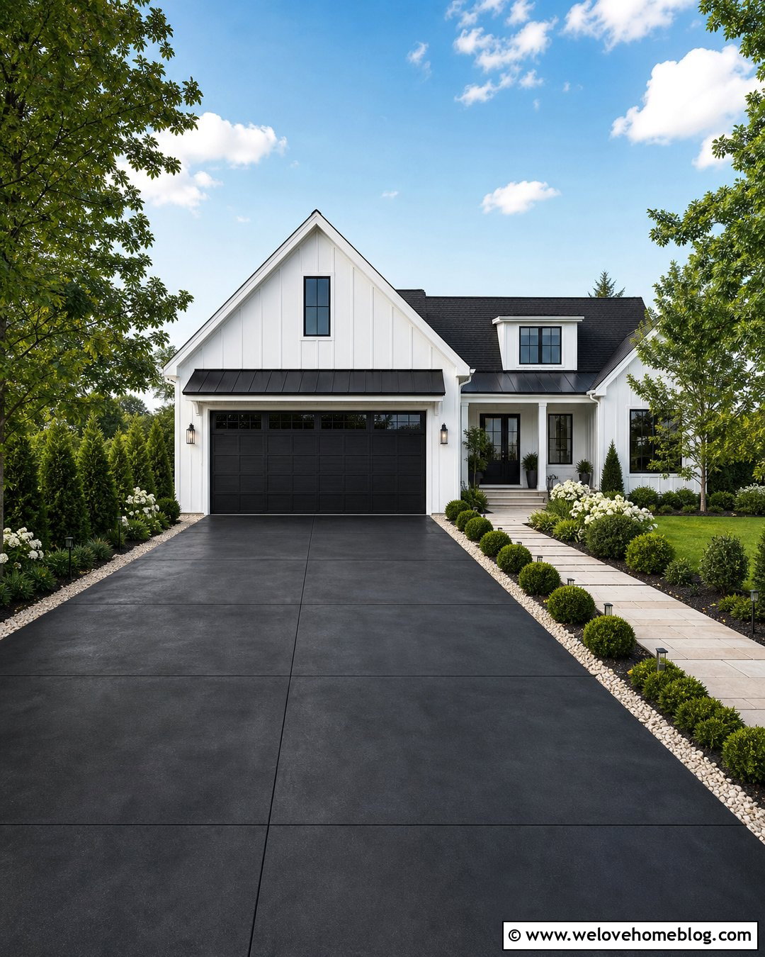 Black Stained Concrete Driveway With White House - 30 Stained Concrete Driveway Ideas