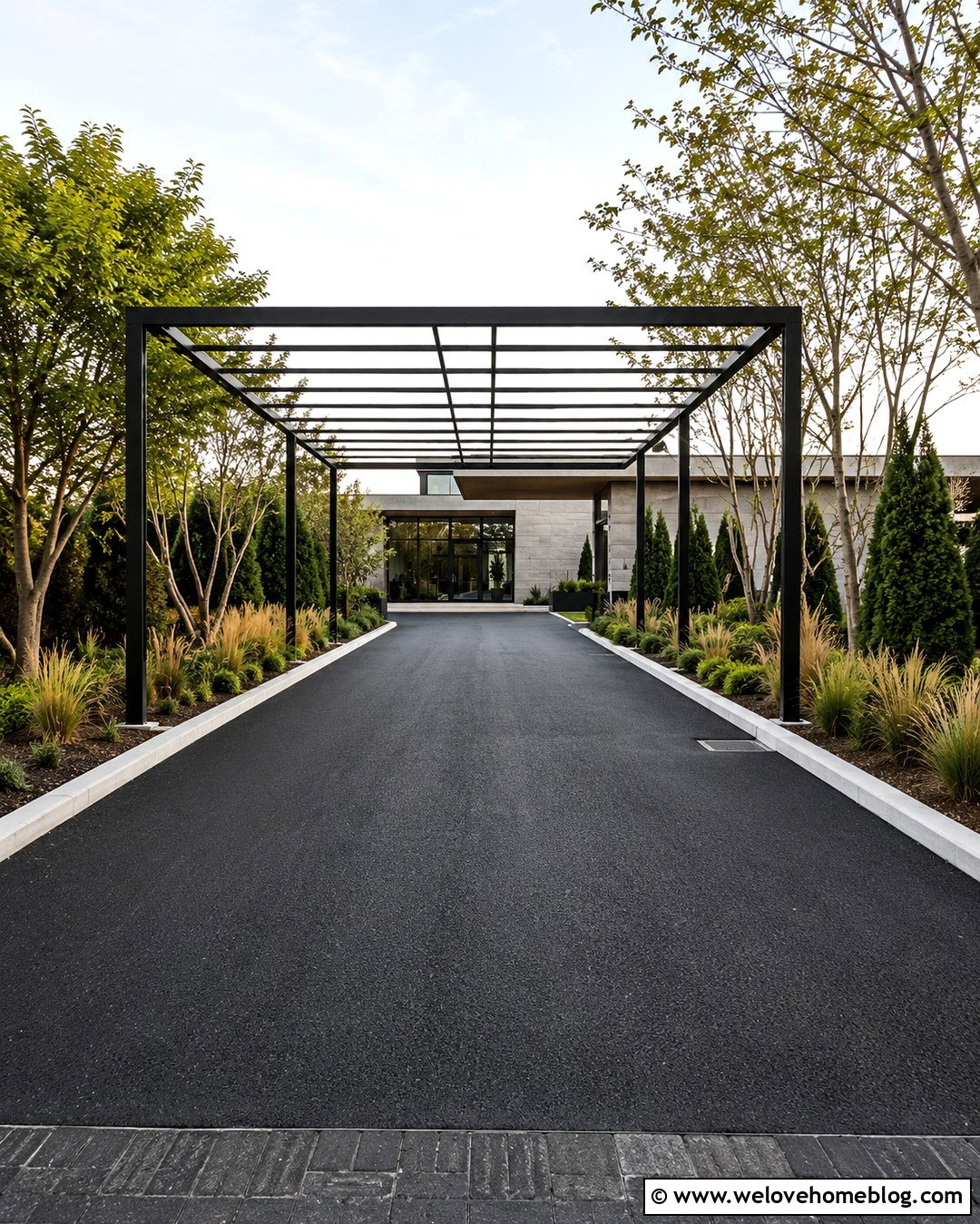 Black Steel Trellis Over Asphalt Driveway - 20 Trellis Over Driveway Ideas