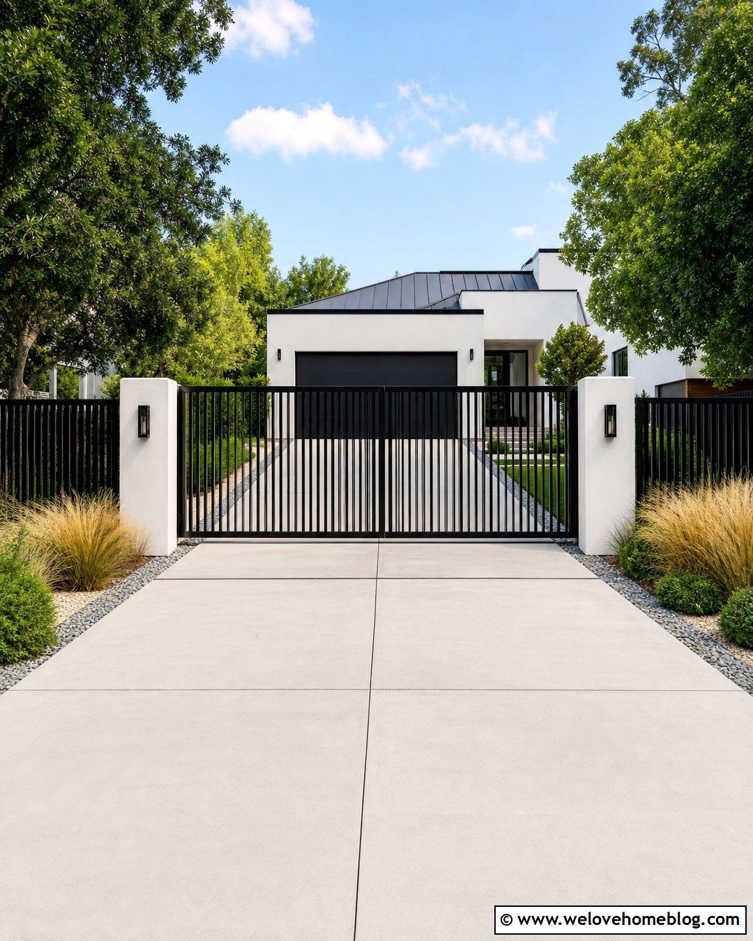 Black Vertical Driveway Gate With Concrete Driveway - 20 Vertical Driveway Gate Ideas