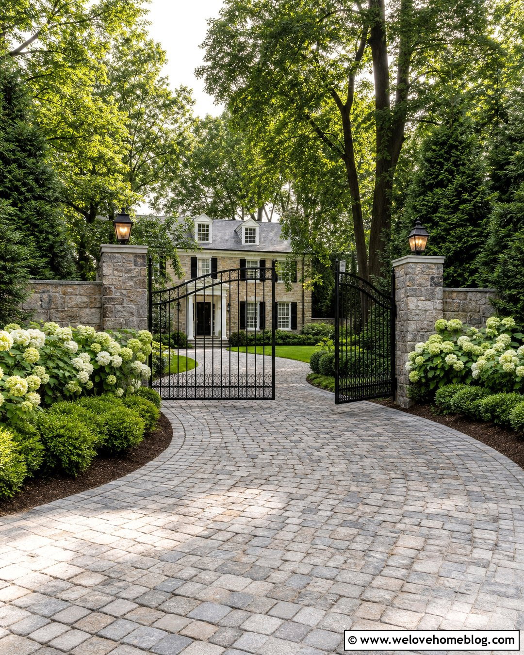 Black Wrought Iron Driveway Gate With Stone Pillars - 25 Black Driveway Gate Ideas