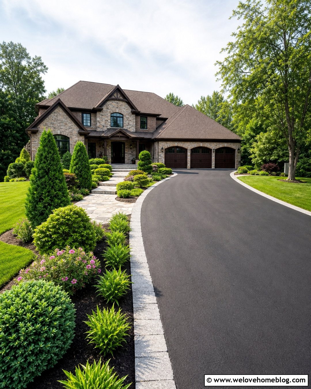 Blacktop Driveway With Evergreen Landscaping - 30 Blacktop Driveway Ideas