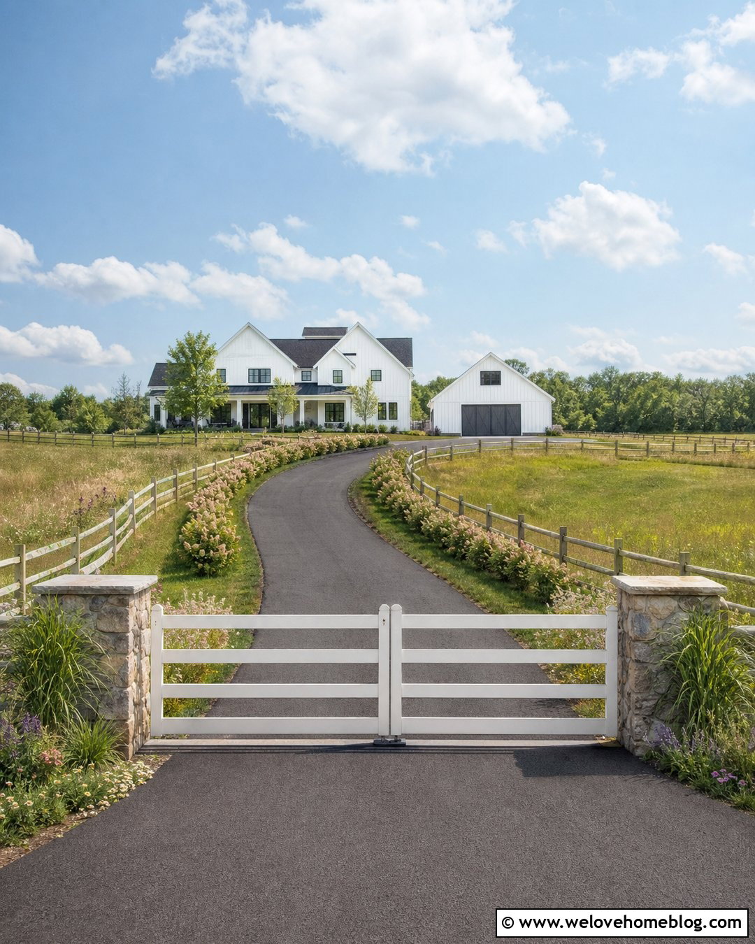 Blacktop Driveway With Farmhouse Gate - 30 Blacktop Driveway Ideas