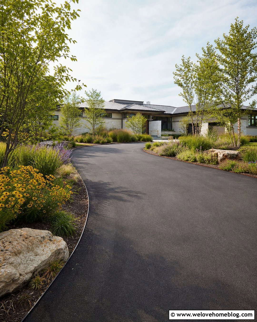 Blacktop Driveway With Native Plant Borders - 30 Blacktop Driveway Ideas