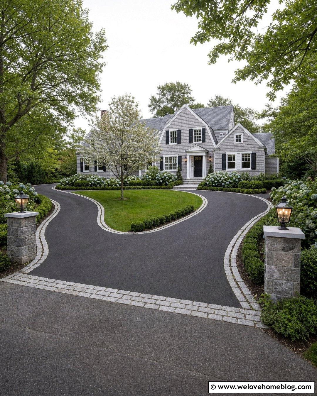 Blacktop Horseshoe Driveway With Hydrangea Borders - 20 driveway landscape for horseshoe ideas