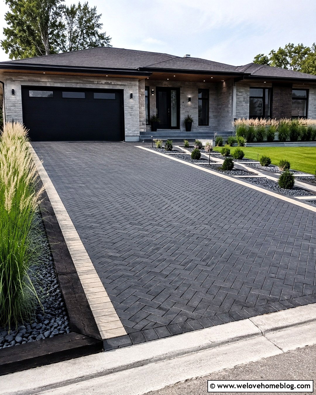 Block Paver Driveway With Flush Railway Sleepers - 20 Railway Sleeper Driveway Ideas