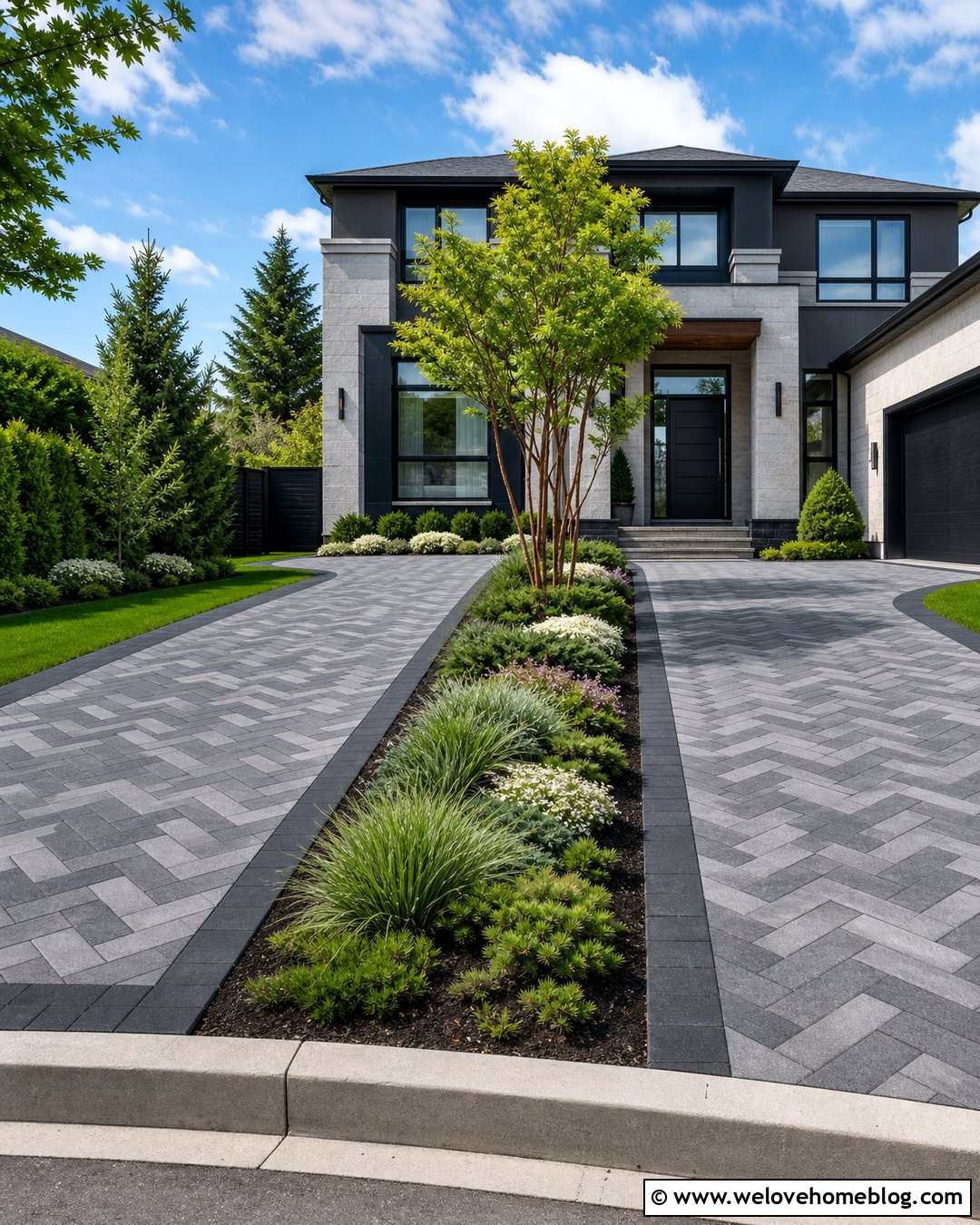 Block Paving Driveway With A Planted Center Strip - 20 Driveway Front Garden Block Paving Ideas