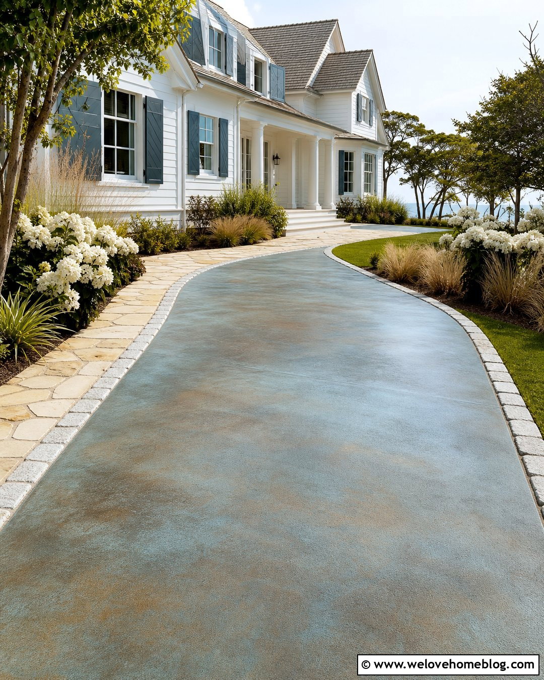 Blue Green Acid Stain Concrete Driveway With Coastal Landscaping - 20 acid stain concrete driveway ideas