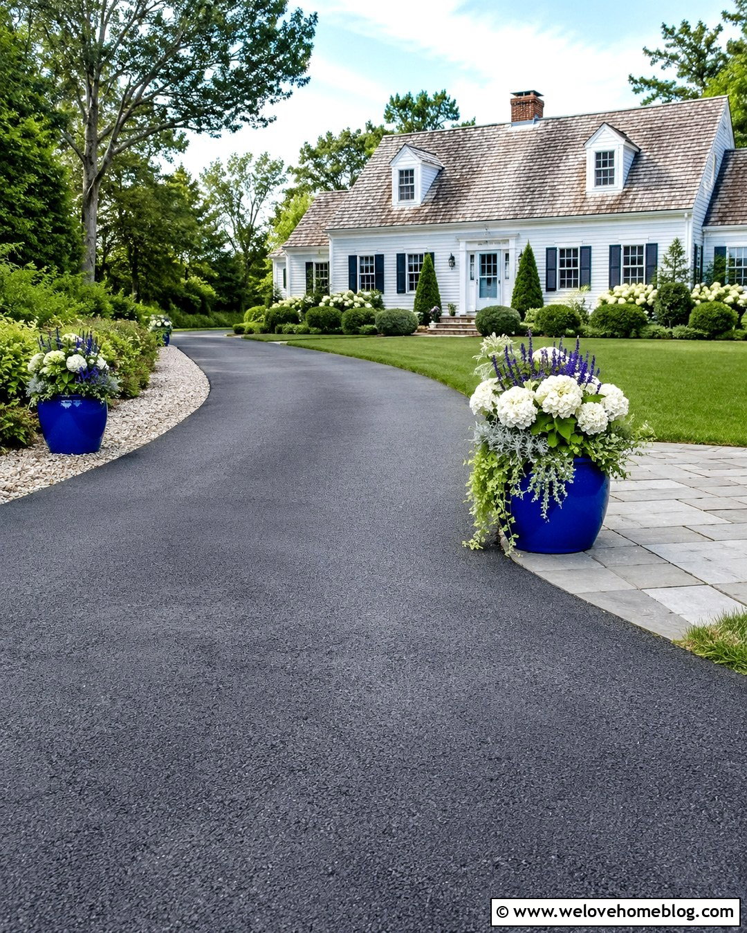 Blue Pots Along An Asphalt Driveway - 20 Pots Along Driveway Ideas
