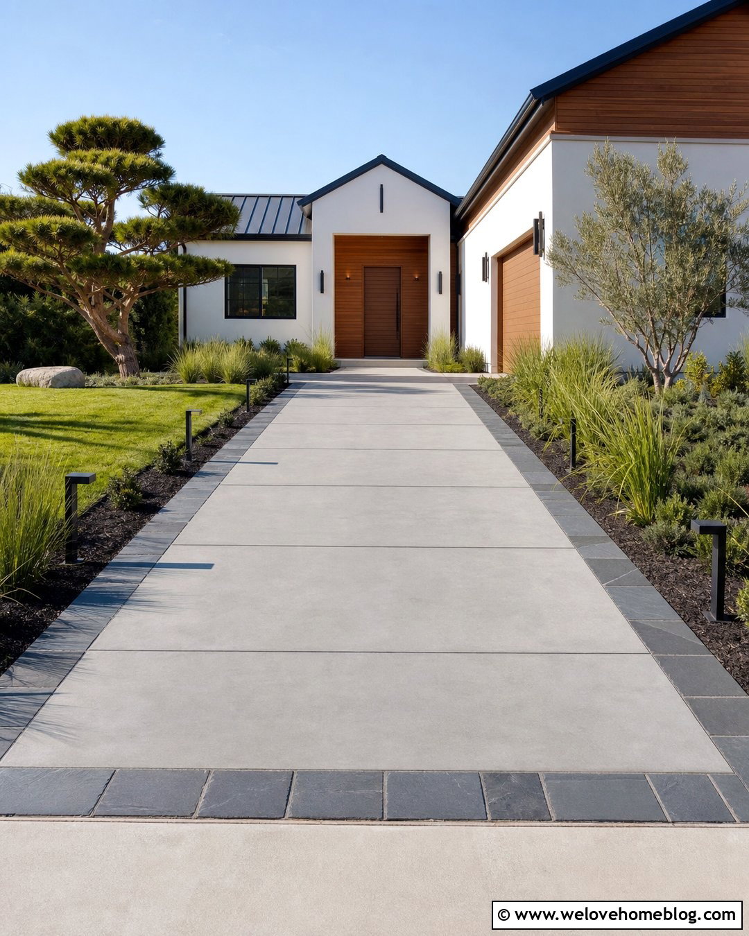 Bluestone Border With Modern Concrete Driveway - 20 Stone Driveway Border Ideas