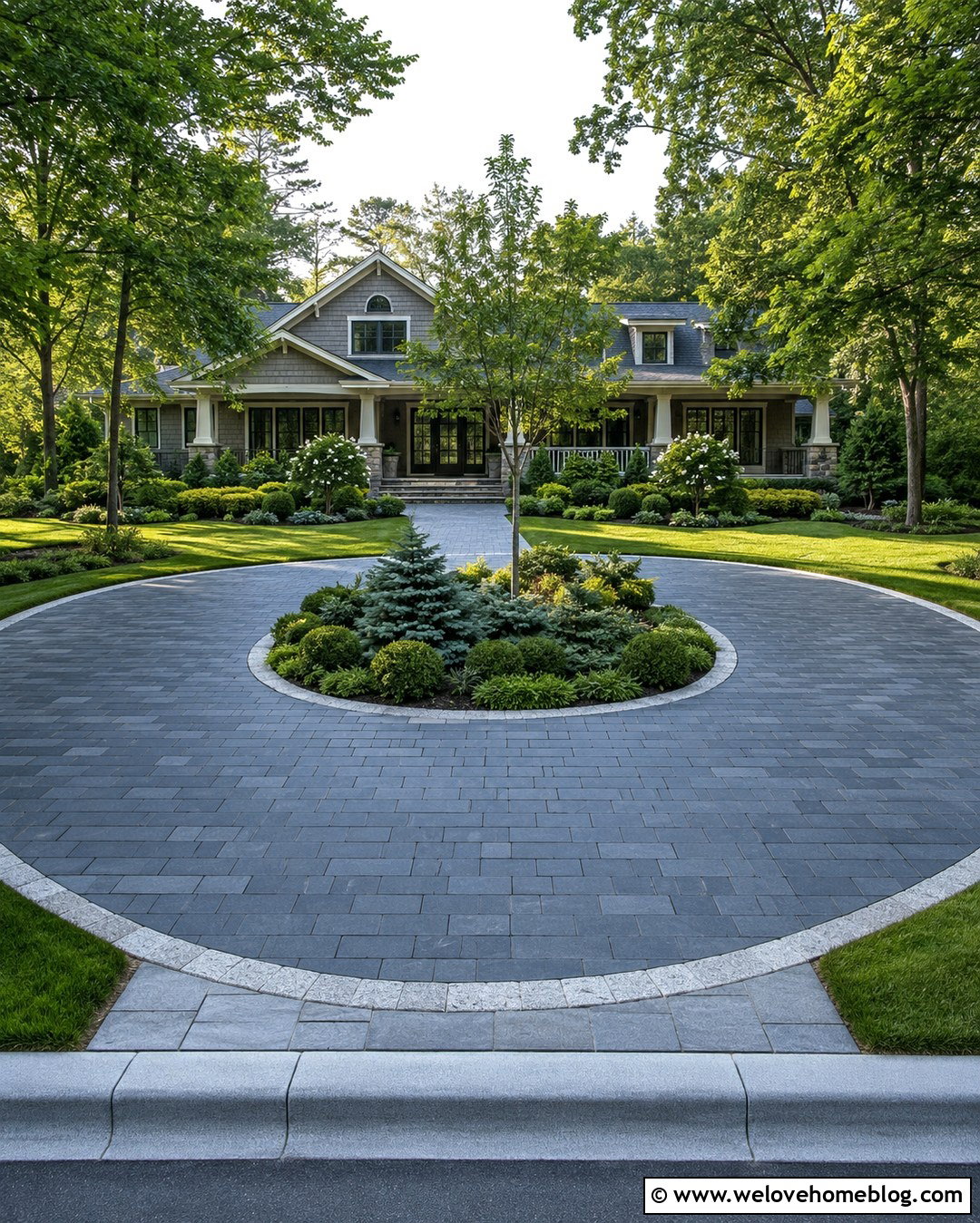 Bluestone Circular Driveway With Evergreen Beds - 20 Driveway Circle Ideas