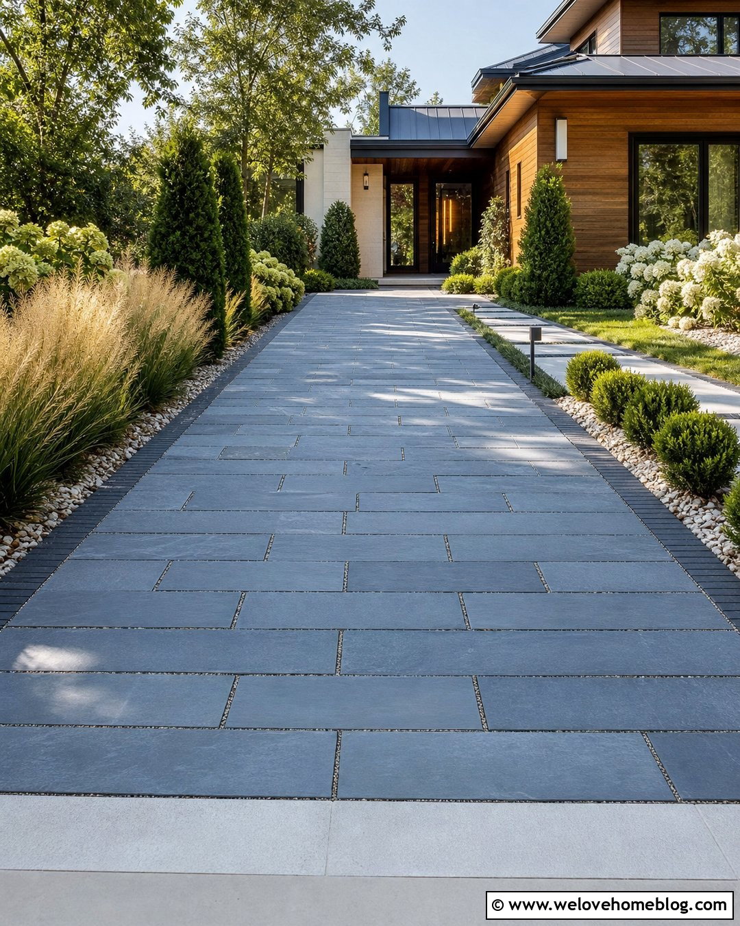 Bluestone Driveway With Large Rectangular Slabs - 25 Natural Stone Driveway Ideas
