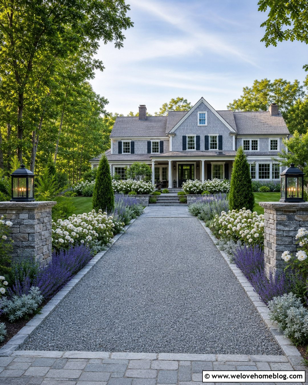 Bluestone Flower Bed Edging Along a Gray Gravel Driveway - 20 Driveway Flower Bed Edging Ideas