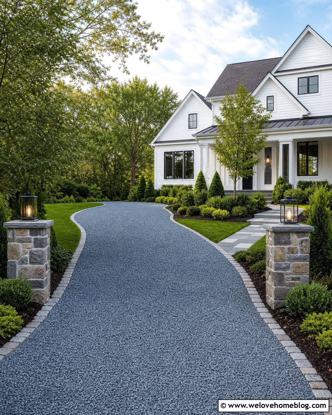Bluestone Gravel Driveway With Evergreen Landscaping - 20 Bluestone Gravel Driveway Ideas